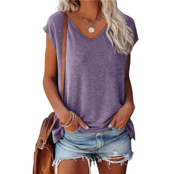 V Neck Womens T-Shirts Basic Tops for Women Cap Sleeve Loose Tank Tops - Picture 1 of 8